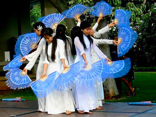 Vietnam traditional fan dance performance on stage